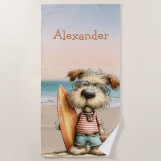Serviette De Plage Scène de plage de chien fantaisiste personnelle