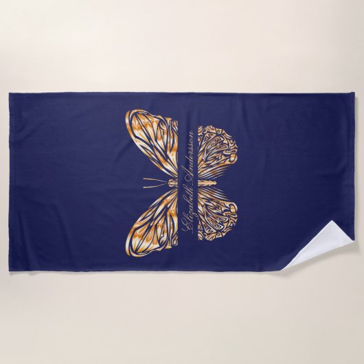Serviette De Plage Script de nom de papillon bleu marine (Devant)