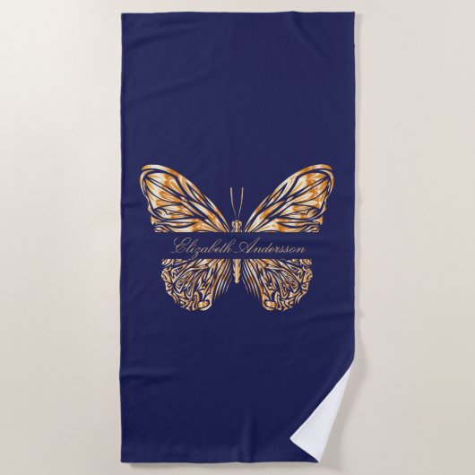 Serviette De Plage Script de nom de papillon bleu marine (Devant)