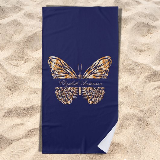Serviette De Plage Script de nom de papillon bleu marine