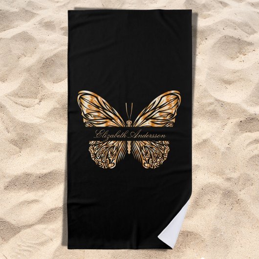 Serviette De Plage Script de nom de papillon en or noir