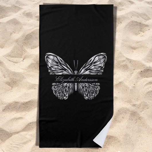 Serviette De Plage Script de nom de papillon noir en argent