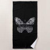 Serviette De Plage Script de nom de papillon noir en argent (Devant)