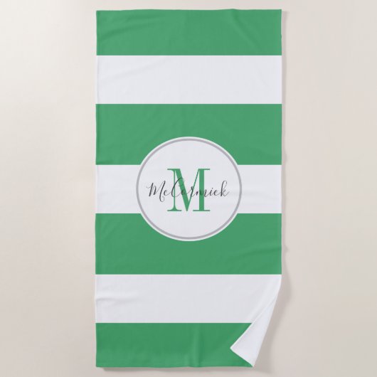 Serviette De Plage Script moderne blanc rayé vert personnalisé (Devant)