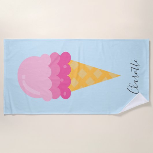 Serviette De Plage Script monogramme bleu crème glacé rose (Devant)