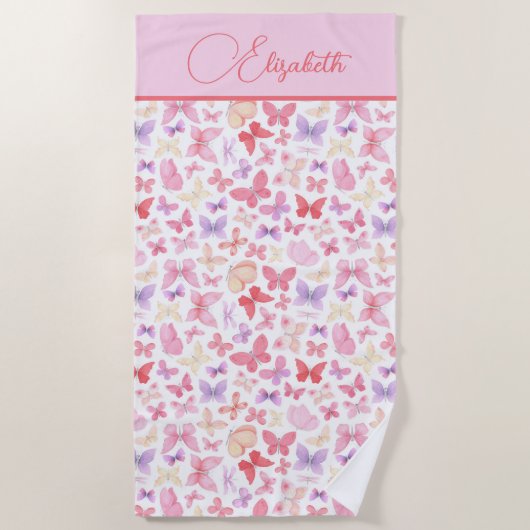 Serviette De Plage Script Monogramme rose violet papillons jaunes (Devant)