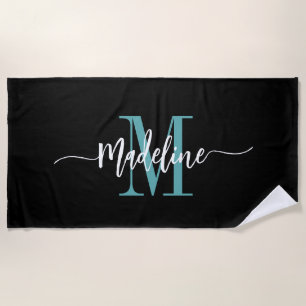 Serviette De Plage Script Monogramme Style Personnalisé Noir Turquois
