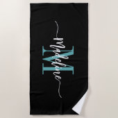 Serviette De Plage Script Monogramme Style Personnalisé Noir Turquois (Devant)