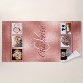 Serviette De Plage Script rose de collage photo personnalisé en or mo (Devant)