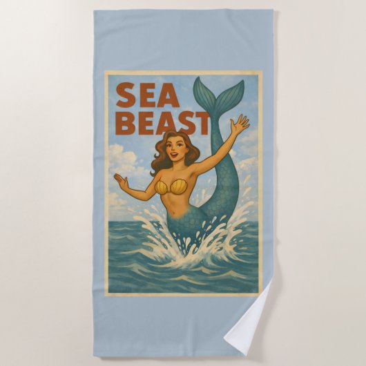 Serviette De Plage Sea Beast Retro Mermaid | Funny Coastal Beach Blue (Devant)