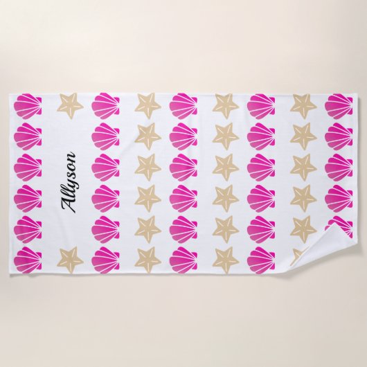 Serviette De Plage Sea Shells & Starfish, Nom du script noir (Devant)