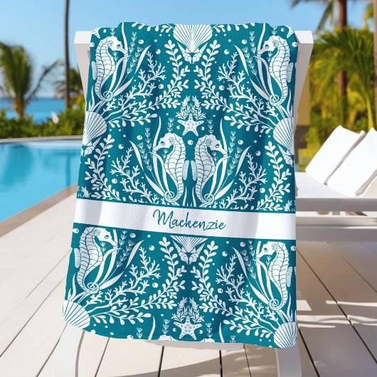 Serviette De Plage Seahors Turquoise Bleu Blanc Personnalisé