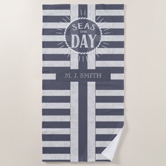 Serviette De Plage Seas the Day Bold Stripes et nom nautique (Devant)