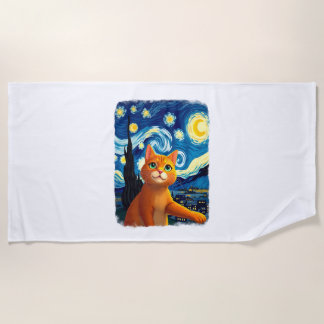 Serviette De Plage Selfie de chat orange La nuit étoilée Maman chat A
