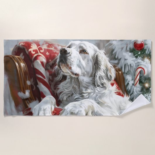 Serviette De Plage Setter anglais de Noël festif (Devant)