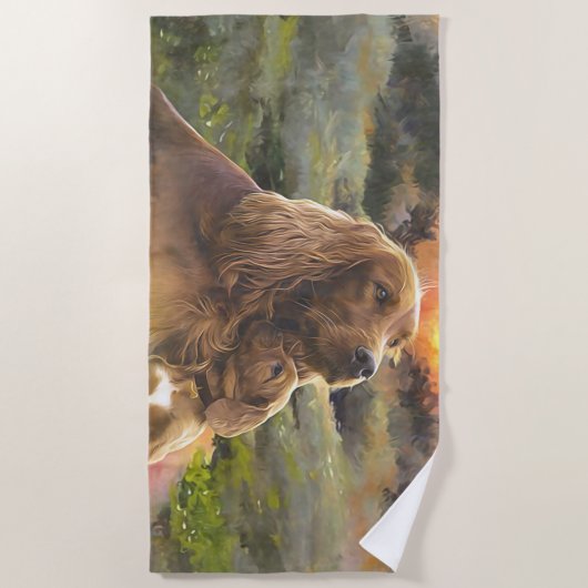 Serviette De Plage setter irlandais avec chiot (Devant)