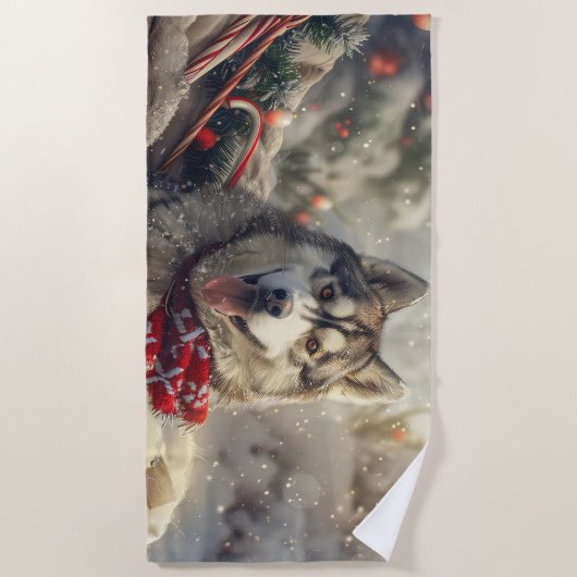 Serviette De Plage Sibérie Husky Chien Festif de Noël (Devant)