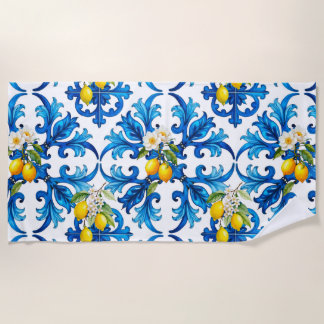Serviette De Plage sicilien, été, citron, mosaïque, bleu,