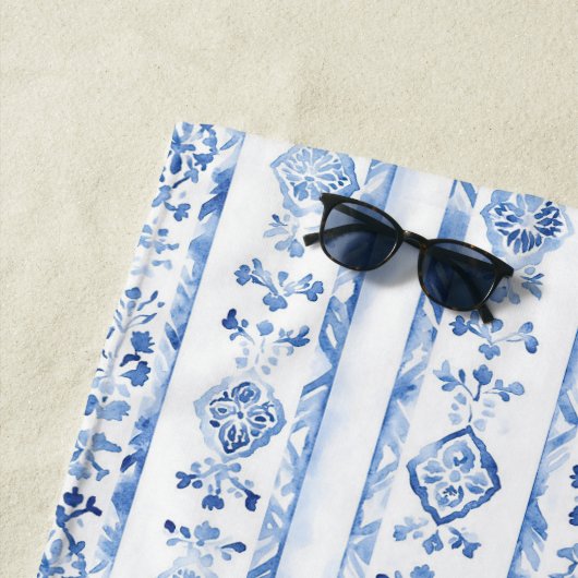Serviette De Plage Sicily Italian Rustic Blue Stripes (En situation)