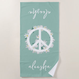 Serviette De Plage Signe de paix floral tropical personnalisé vert de