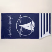 Serviette De Plage silhouette/ancrages de voilier blanc marine (Devant)