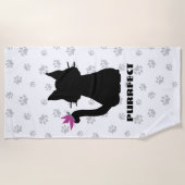 Serviette De Plage Silhouette de chat noir Papillon rose sur la queue (Devant)