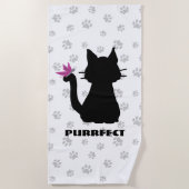 Serviette De Plage Silhouette de chat noir Papillon rose sur la queue (Devant)