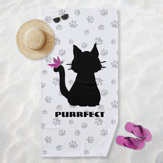 Serviette De Plage Silhouette de chat noir Papillon rose sur la queue