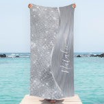 Serviette De Plage Silver Glitter Glam Bling Personalized<br><div class="desc">Personnalisez facilement cette serviette de plage à motifs de faux parties scintillant en argent brossé et glamour avec votre propre nom personnalisé.</div>