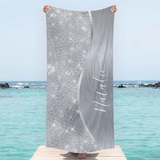 Serviette De Plage Silver Glitter Glam Bling Personalized