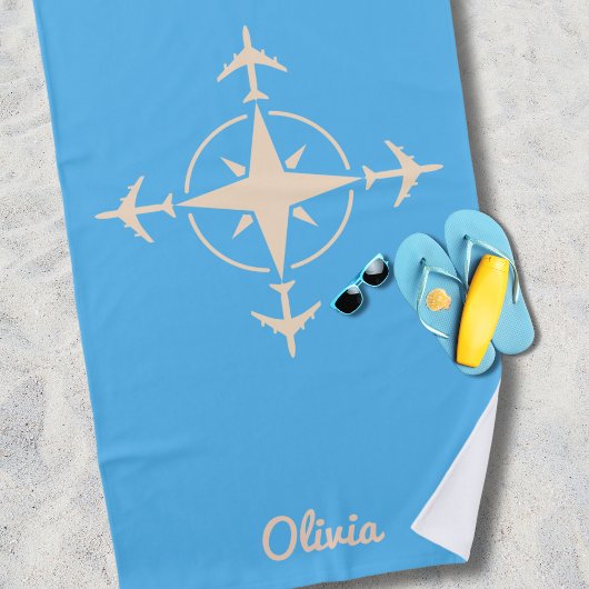 Serviette De Plage Simple Modern Compass and Airplane Travel Custom