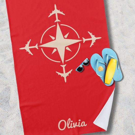Serviette De Plage Simple Modern Compass and Airplane Travel Custom