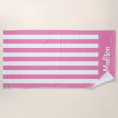 Serviette De Plage Simple moderne rose rayures blanches Monogramme (Devant)