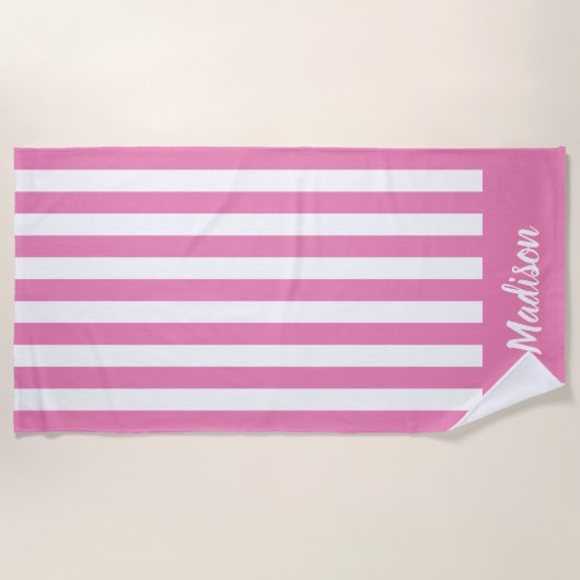 Serviette De Plage Simple moderne rose rayures blanches Monogramme (Devant)