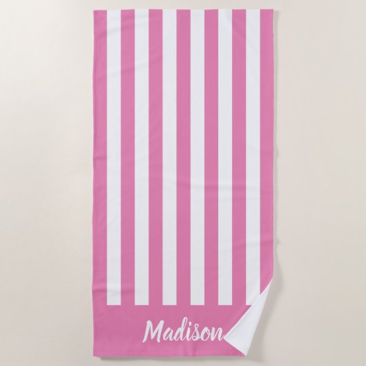 Serviette De Plage Simple moderne rose rayures blanches Monogramme (Devant)