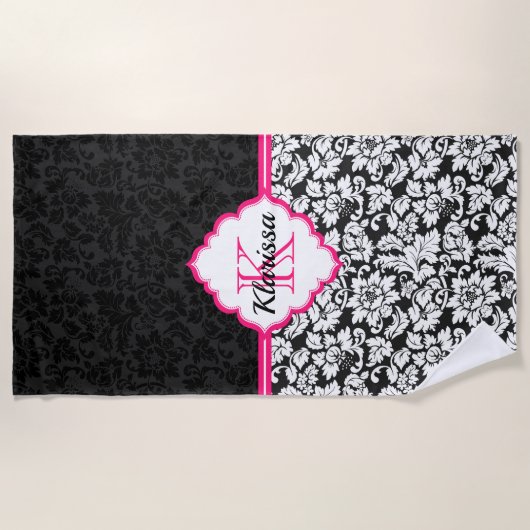 Serviette De Plage Simple Noir Et Blanc Damas Pink Stripe (Devant)