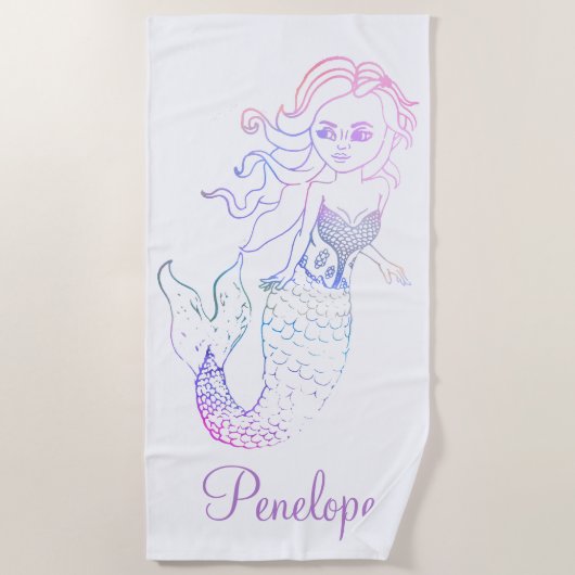 Serviette De Plage Sirène arc-en-ciel blanc Pastel blanc avec nom (Devant)
