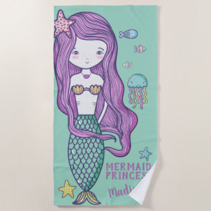 Serviette De Plage Sirène aux cheveux roses et amis de l'océan Person