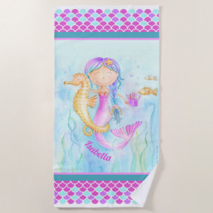 Serviette De Plage sirène hippocampe art aquarelle nom personnalisé