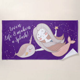 Serviette De Plage Sirène mignonne et narval personnalisable