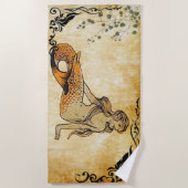 Serviette De Plage sirène orange avec la frontière v1 (Devant)