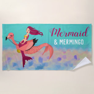 Serviette De Plage Sirène pourpre mignonne lunatique et Mermingo rose