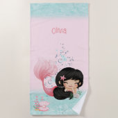 Serviette De Plage Sirène rose Bleu foncé Cheveux Fille Nom Plage Ser (Devant)