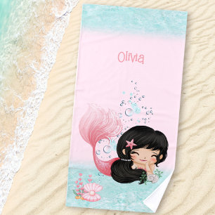 Serviette De Plage Sirène rose Bleu foncé Cheveux Fille Nom Plage Ser