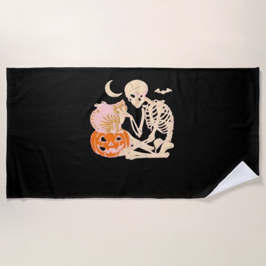 Serviette De Plage Skeleton Hugging Cat Halloween Amoureux des chats  (Devant)
