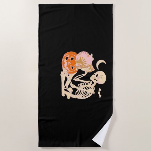 Serviette De Plage Skeleton Hugging Cat Halloween Amoureux des chats (Devant)