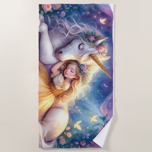 Serviette De Plage Sleeping Girl Unicorn Dreamscape (Devant)