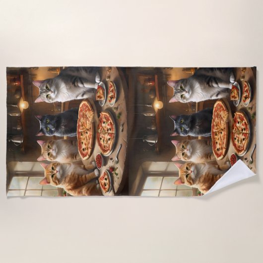 Serviette De Plage Soirée Pizza Chat, (Devant)
