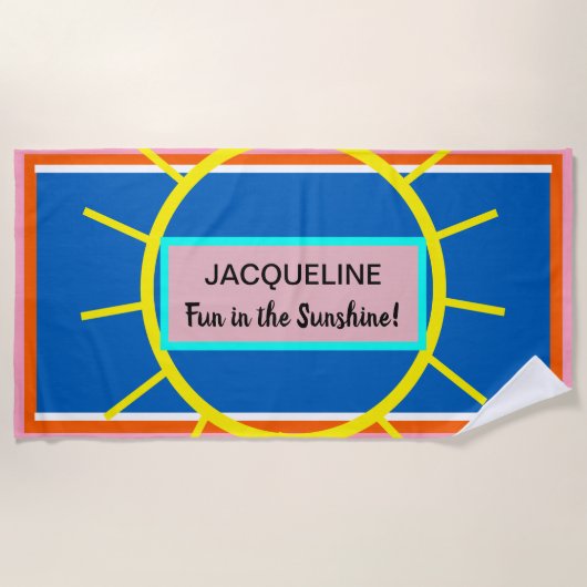 Serviette De Plage Soleil Jaune Rose Bleu Orange NOM (Devant)