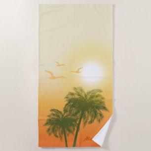 Serviette De Plage Soleil Orange Et Palmiers Verts Été Tropical